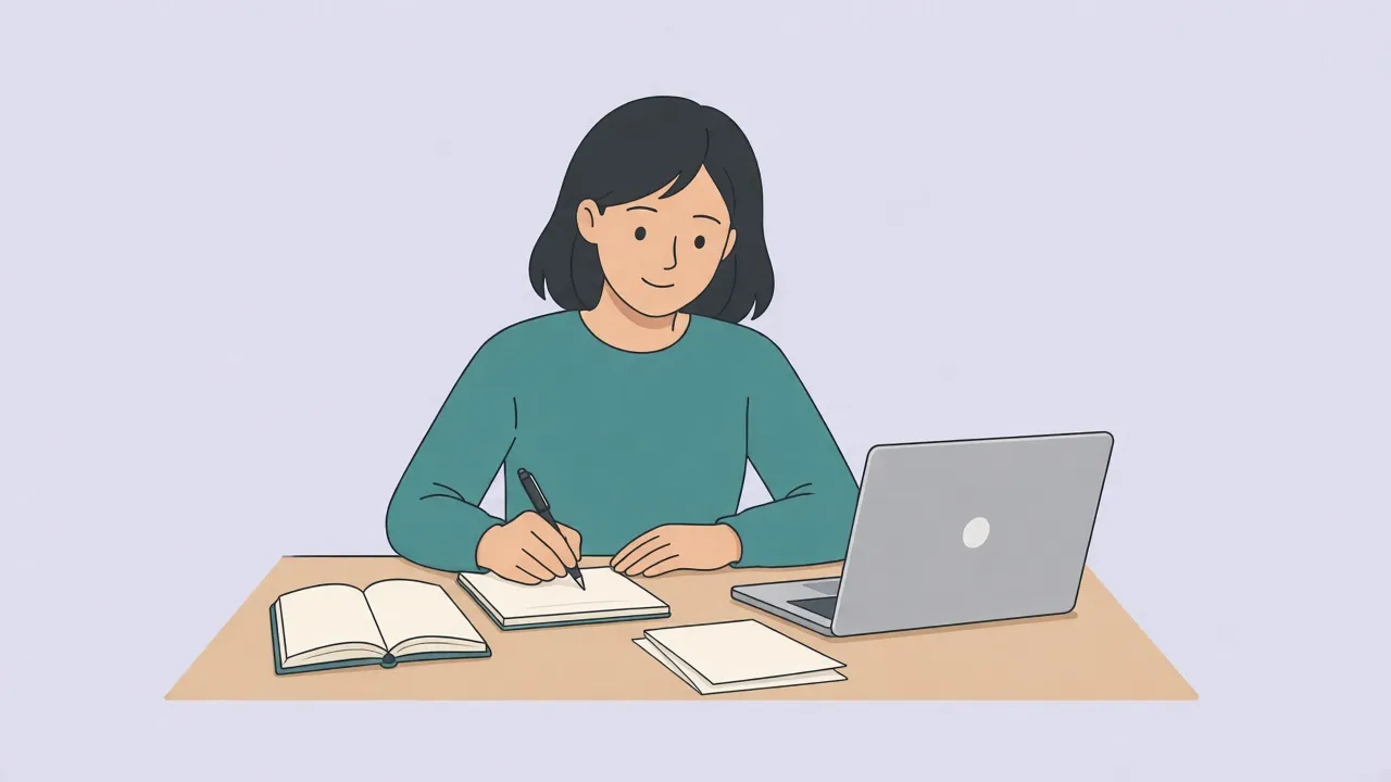 A woman in a teal sweater writes in a notebook at a wooden desk, beside an open blank journal, an open laptop with a blank screen and a stack of papers