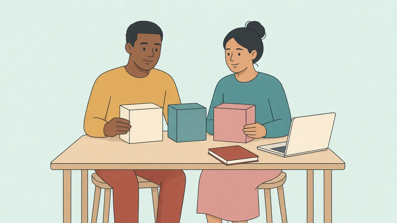 A man and a woman sit at a wooden table with three plain unlabeled boxes, a closed book and a laptop whose screen is blank