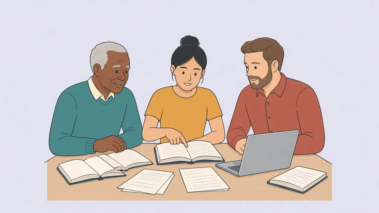 Three people of different ages and ethnicities sit around a table covered with open books, printed papers and a laptop, discussing research