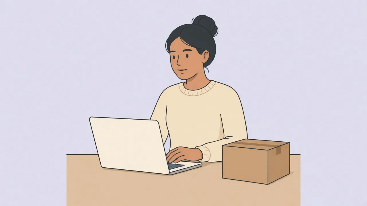 A woman in a cream sweater sits at a wooden table with a laptop whose screen is blank and a plain cardboard box beside her