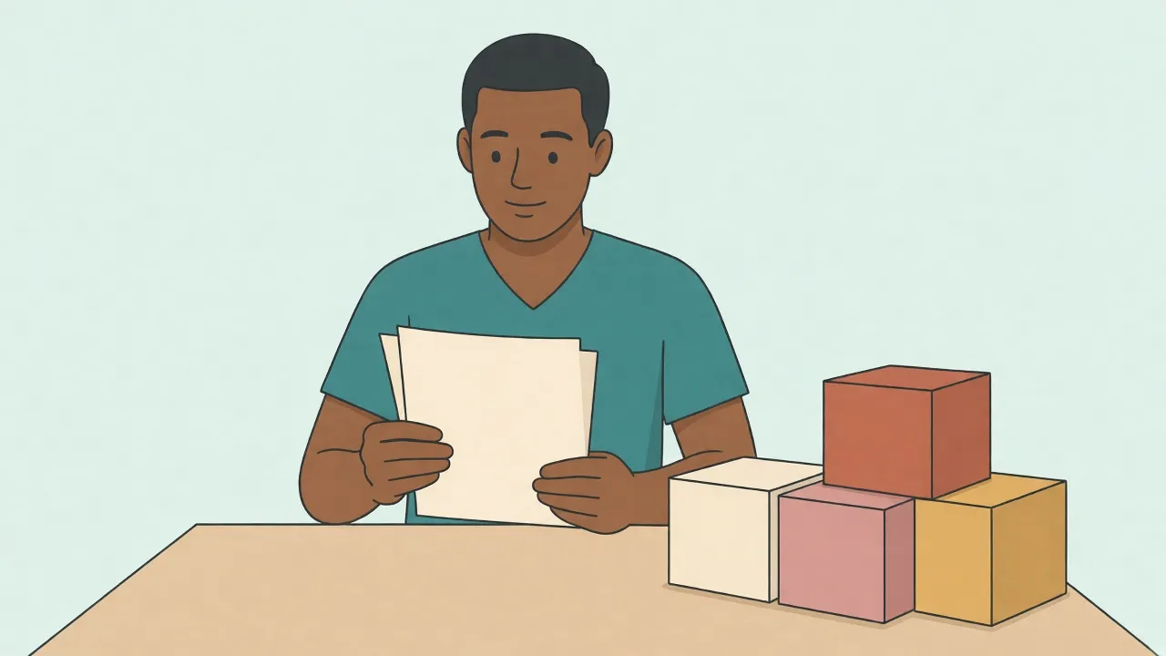 A man at a wooden desk holds blank papers, with four plain unlabeled boxes beside him