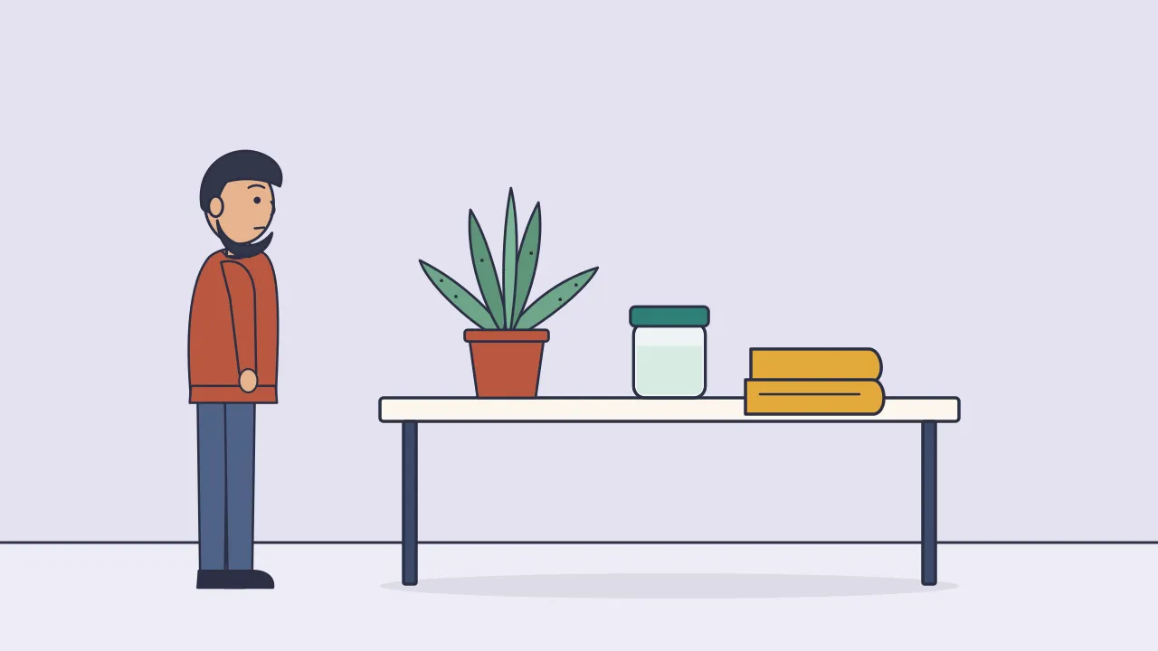 A person stands by a bathroom counter with a potted aloe plant, a small jar of clear gel and a folded towel