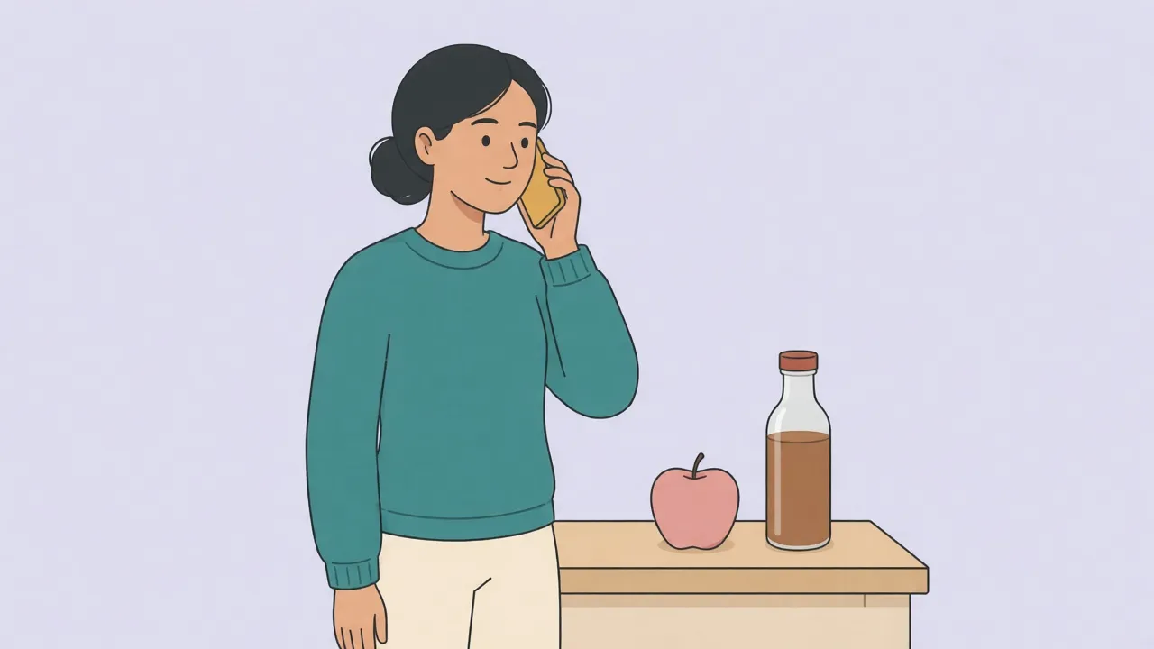 An adult in a kitchen holds a phone to one ear while an apple and an unopened bottle of vinegar sit untouched on the counter.
