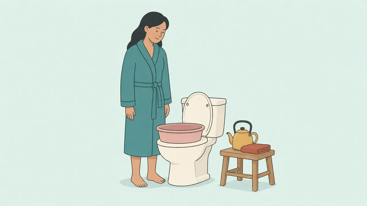 A person in a robe stands beside a toilet fitted with a sitz bath basin, with a kettle and a folded towel on a small stool nearby.