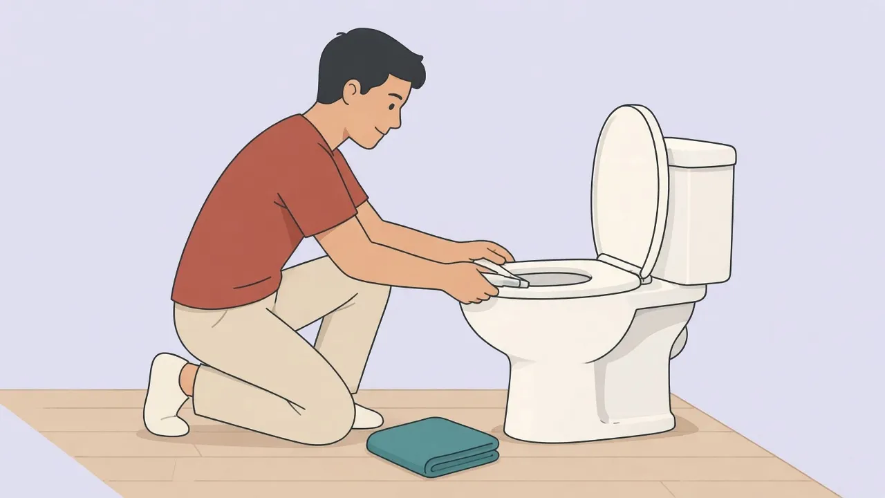 A person kneels beside a toilet and fits a slim white bidet attachment under the seat, fully clothed, with a towel on the floor