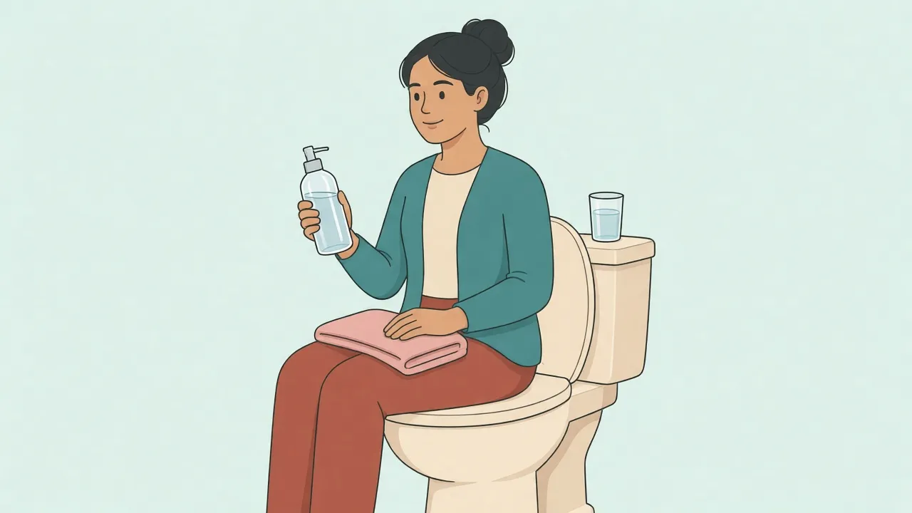A person in a teal cardigan sits fully clothed on a closed toilet lid, holding a clear rinse bottle of water, with a folded towel on their lap and a glass of water on the tank