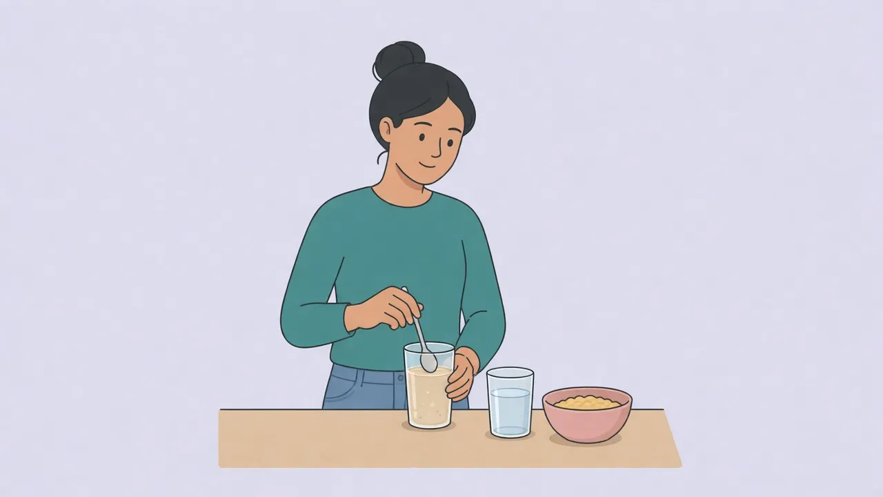 A person in a kitchen stirring a glass of cloudy fiber drink, with a second glass of water and a bowl of oats on the counter