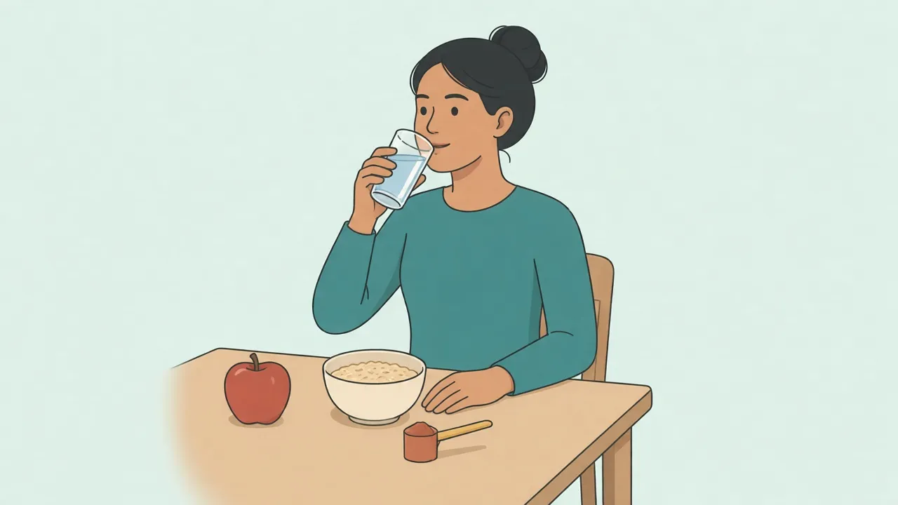 A person at a kitchen table drinking a tall glass of water beside a bowl of oats, an apple, and a scoop of fiber powder