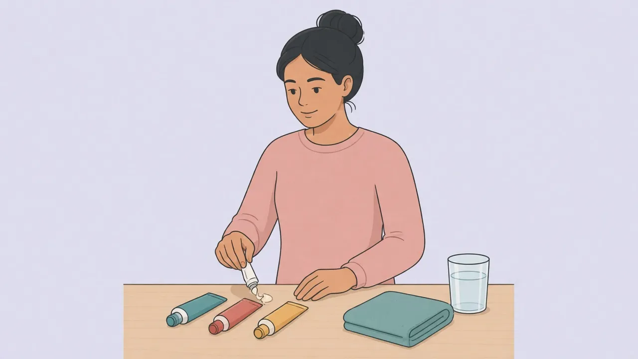 A woman at a bathroom counter squeezes cream from an unlabeled tube, with three other tubes, a folded towel, and a glass of water nearby.