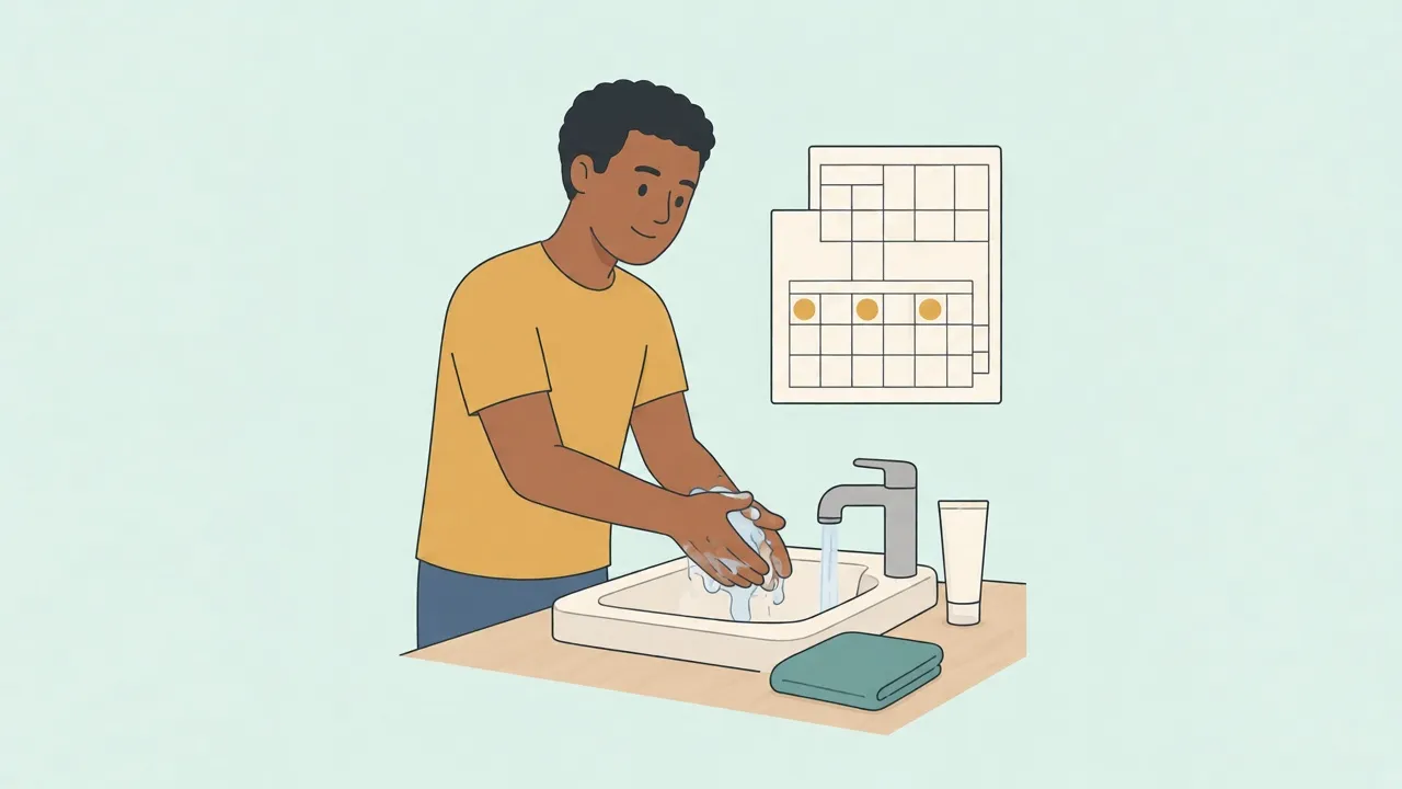 A man washes his hands at a bathroom sink beside an unlabeled cream tube, with a calendar of blank squares and three marked dots on the wall.