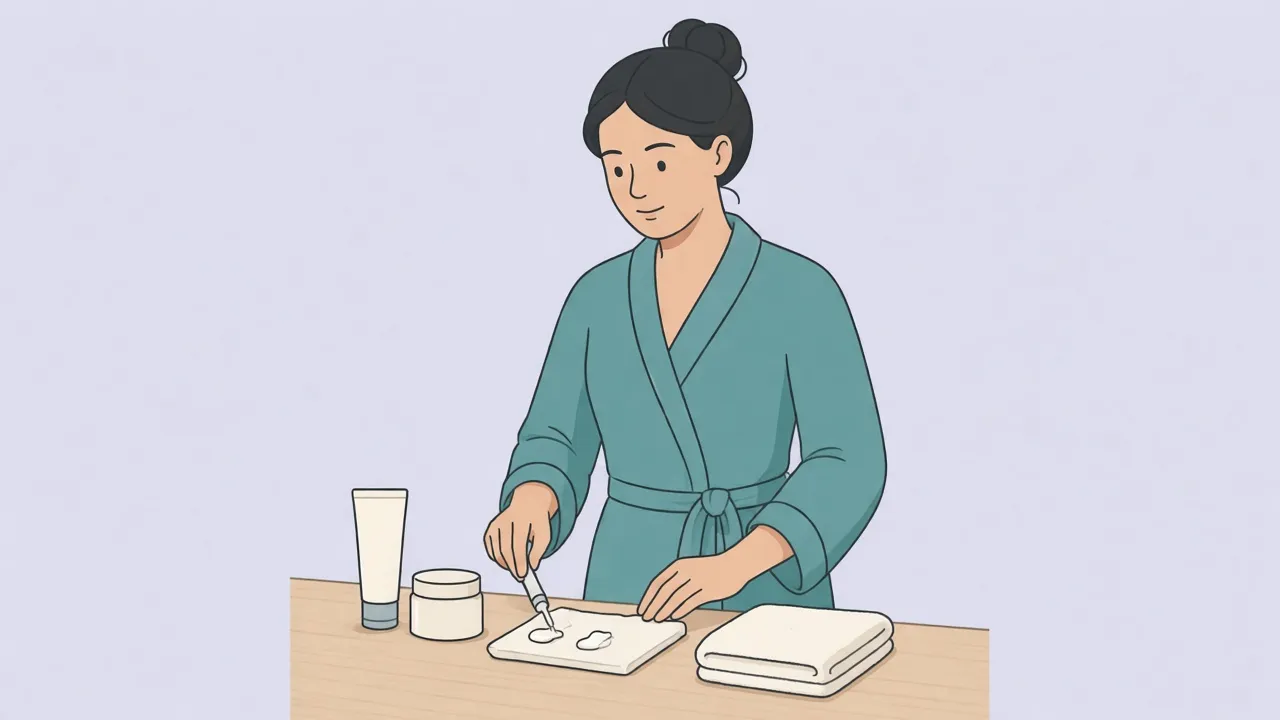 A woman in a robe compares a thin dab of cream and a thicker dab of ointment on a tissue, with a tube and a jar on the counter.