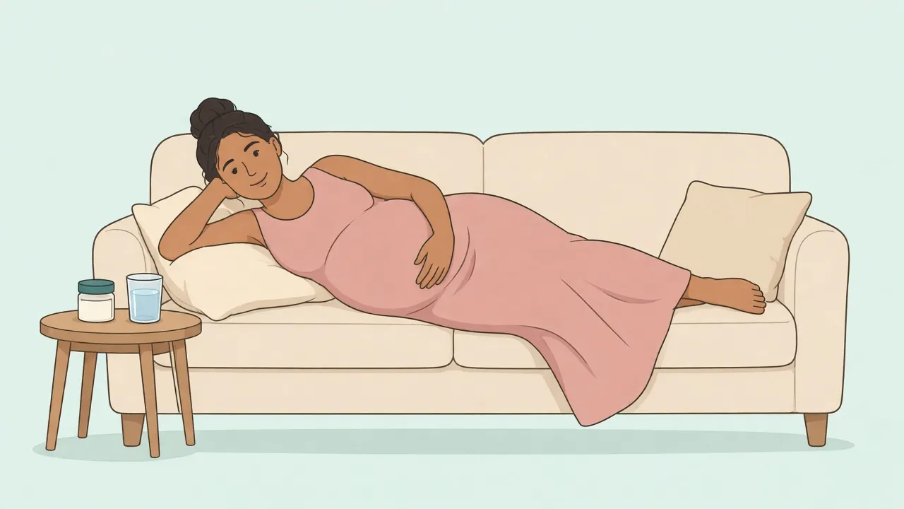 A pregnant woman in a long dress rests on her side on a sofa, with a small jar and a glass of water on a side table.