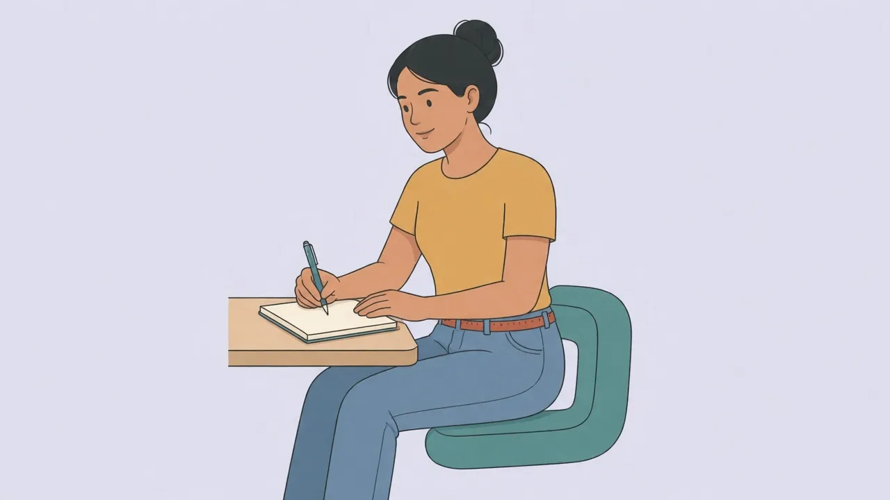 A person works at a wooden desk in an office chair fitted with a teal U-shaped seat cushion