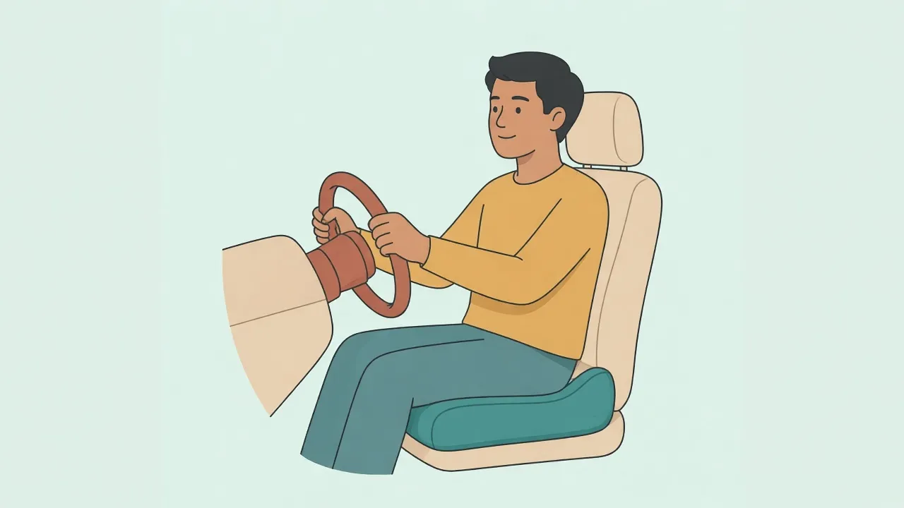 A driver sits in a car seat with a gel cushion under them and both hands on the steering wheel
