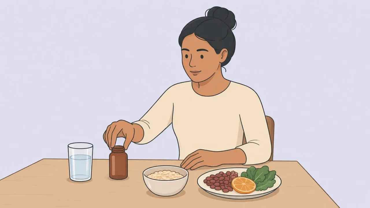 A person at a kitchen table sets a blank capsule bottle beside a glass of water, a bowl of oats, and a plate of beans and fruit