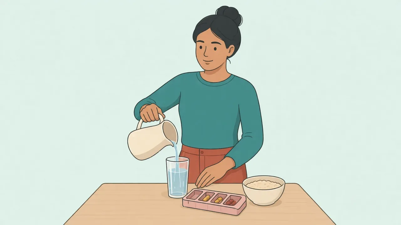 A weekly pill organizer and a tall glass of water sit on a table next to a bowl of oatmeal, with a person pouring water into the glass
