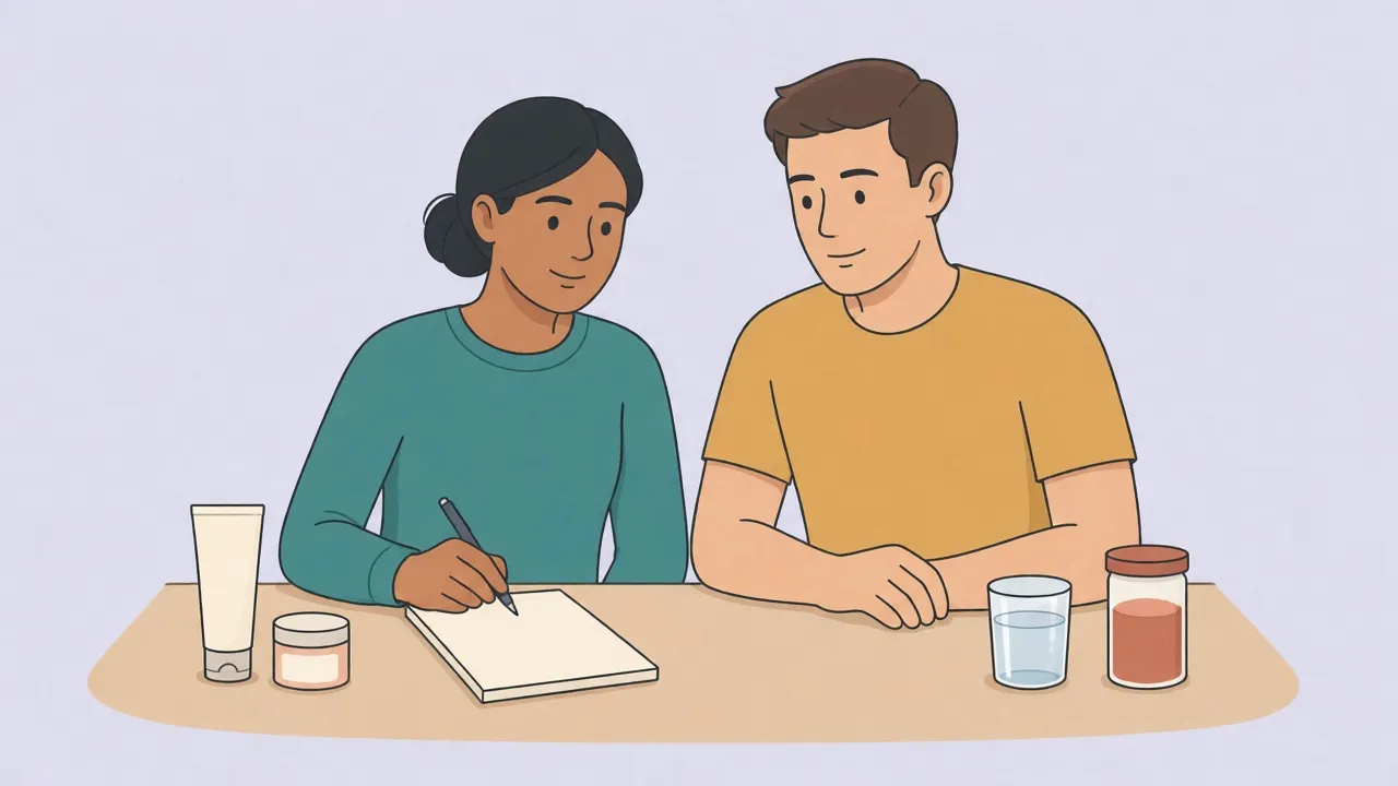 A woman and a man sit at a kitchen table with an unlabeled cream tube, a small jar, a glass of water, and a canister of orange powder.