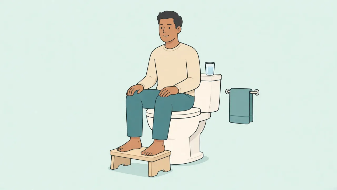 A man in a sweater and trousers sits on a closed toilet lid with both feet on a small wooden stool and a glass of water on the tank.