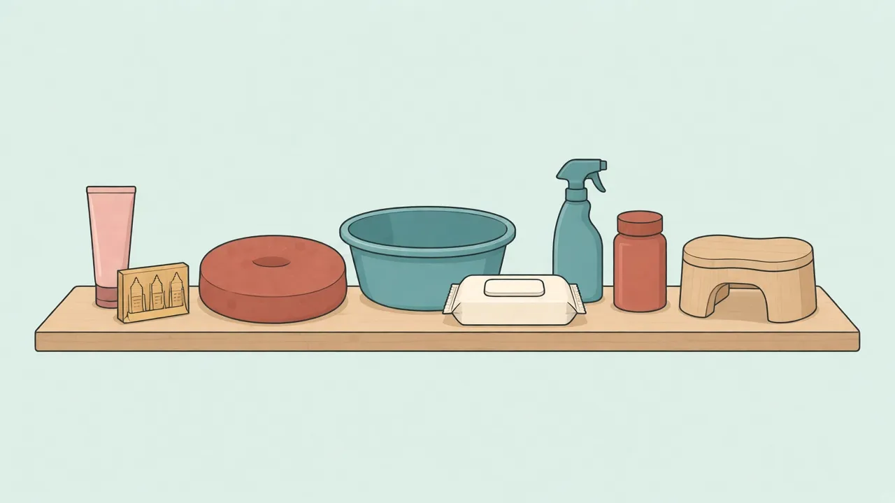 A wooden shelf holding a cream tube, a suppository box, a donut cushion, a sitz bath, wipes, a spray bottle, a pill bottle and a toilet footstool