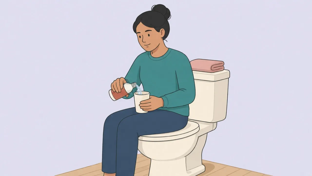 A person in a teal sweater sits on a closed toilet lid and pours water from a small bottle into a cup, with a folded pink towel on the tank