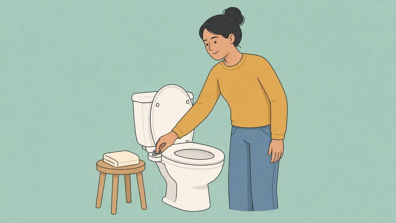 A person stands beside a toilet and turns a small knob on a slim bidet attachment, with a folded towel on a nearby stool
