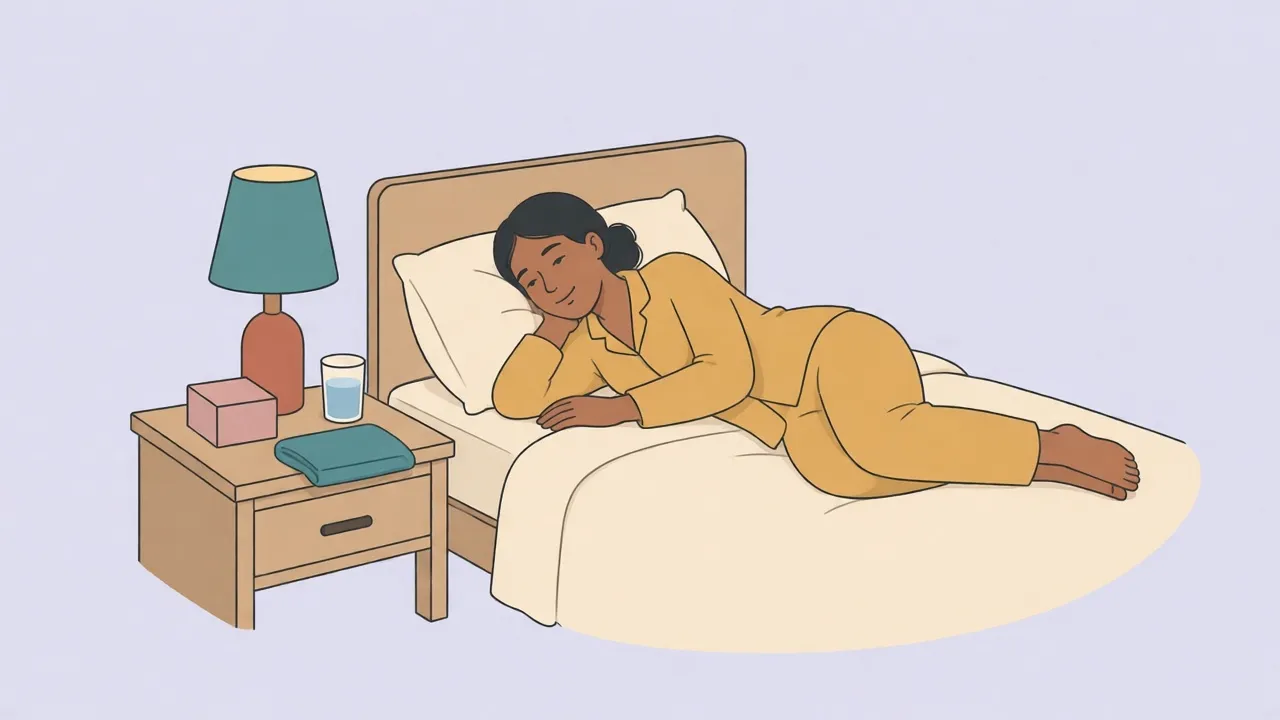 A woman in pajamas lies on her side in bed, with a small box, a glass of water, and a folded towel on the nightstand.