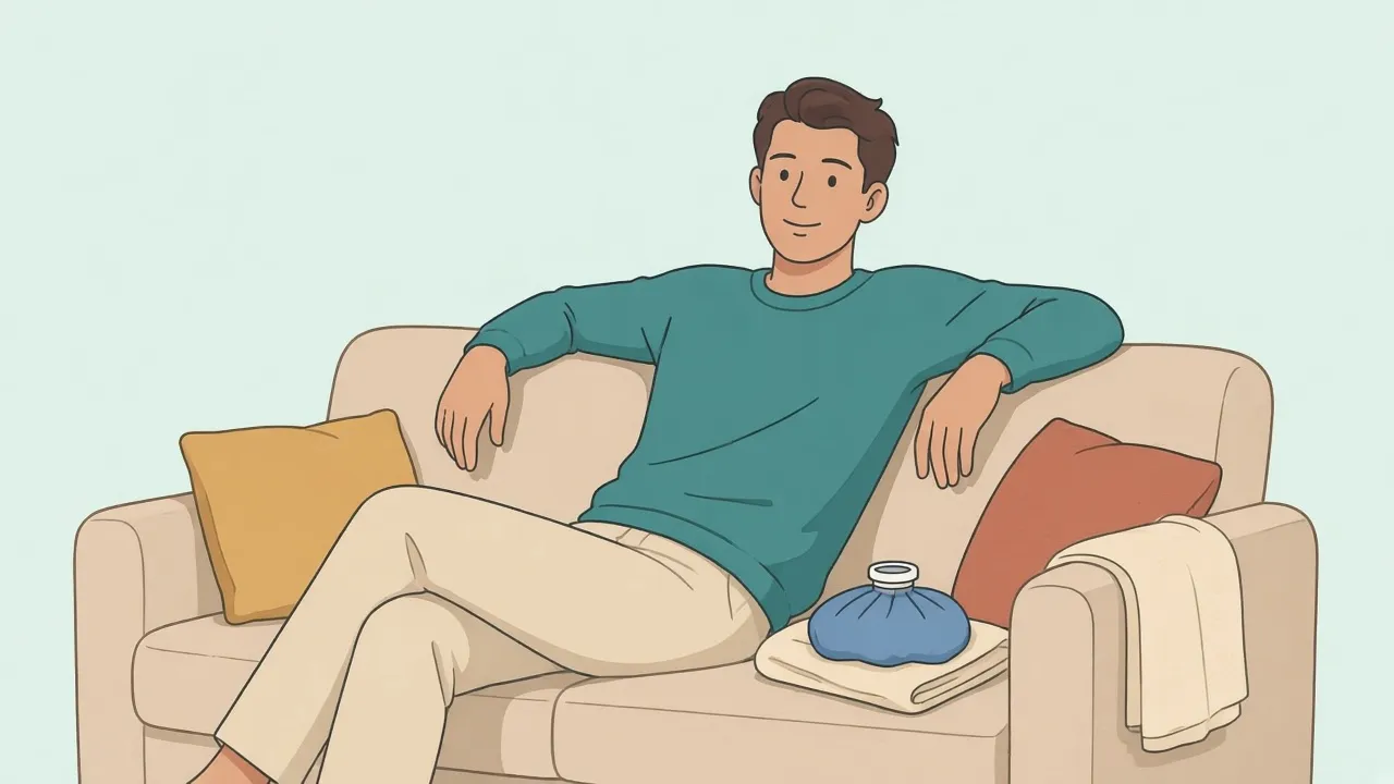 A man reclines on a sofa with a blue cold pack resting on a folded cloth beside him.
