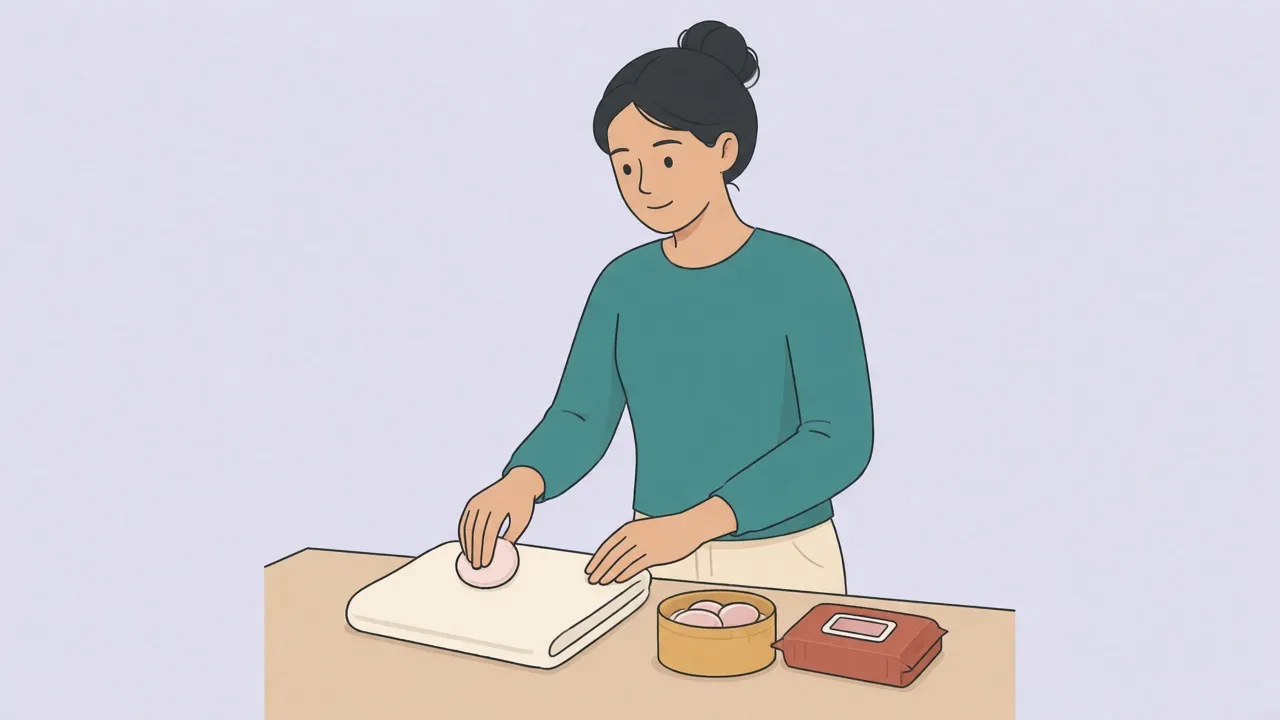 A person in a sweater stands at a bathroom counter and folds a round cotton pad onto a clean towel beside a tub of pads and a pack of wipes