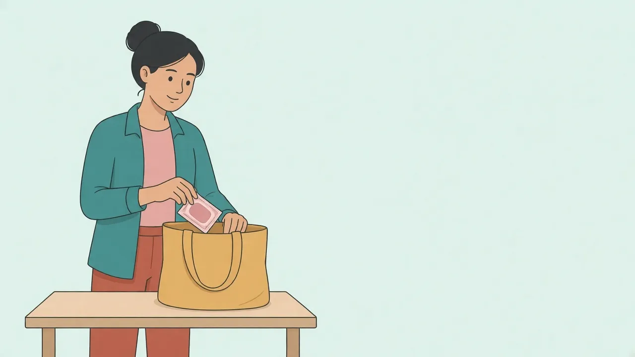 A person in a jacket puts a small individually wrapped wipe packet into a tote bag on a desk
