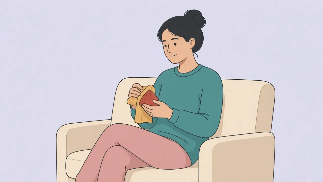 A person in sweatpants sits on a sofa and wraps a small wedge gel pack in a thin towel