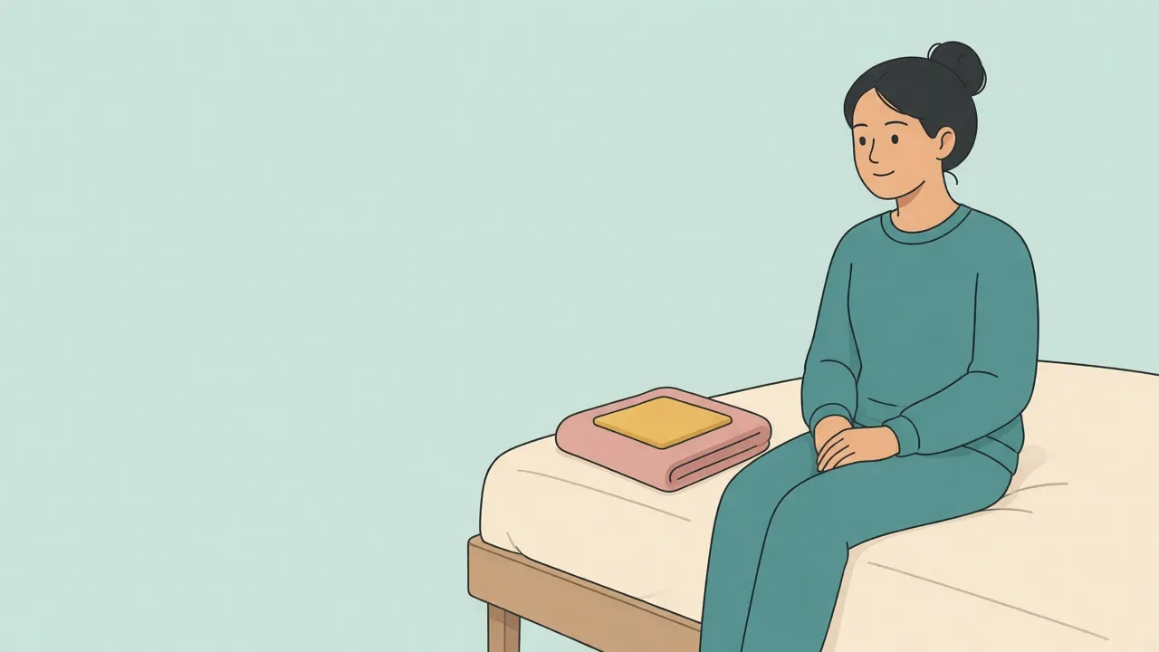 A parent in a sweatshirt and sweatpants sits on the edge of a bed beside a slim gel pad resting on a folded towel