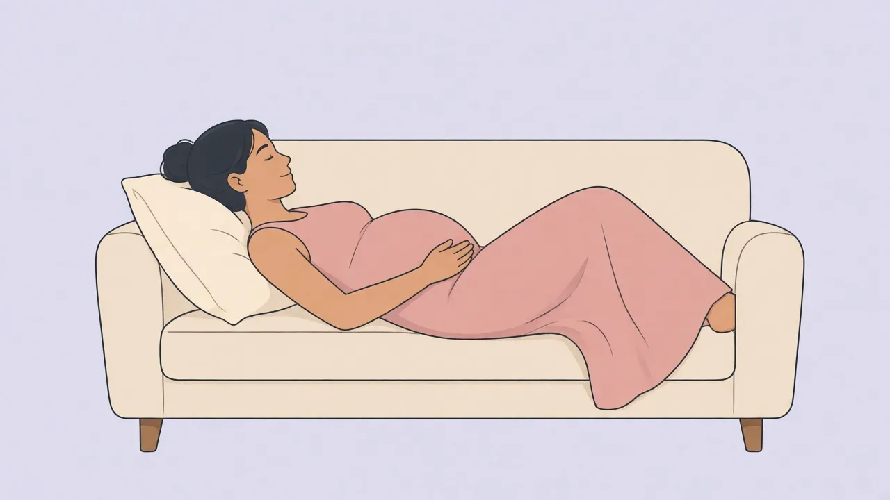 A pregnant woman in a long pink dress resting on a sofa, head on a pillow, one hand on her belly