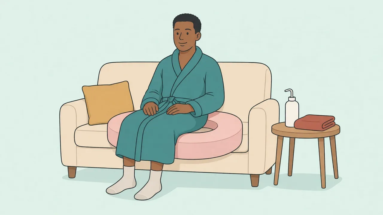 A new parent in a robe sitting on a ring cushion on a sofa, with an angled rinse bottle and a folded towel on the side table