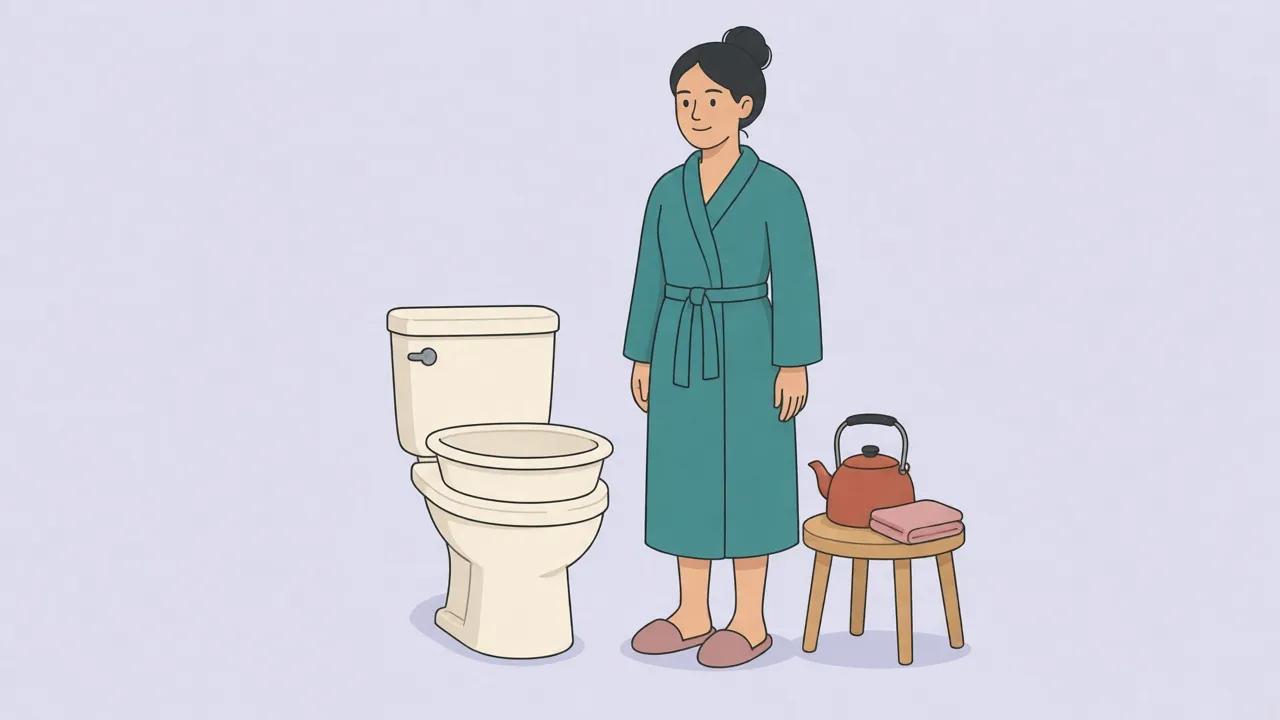 A person in a long robe stands beside a toilet with a sitz bath basin on the seat, a kettle, and a folded towel