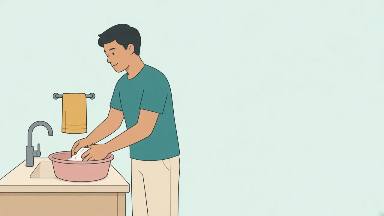 A person in a shirt and trousers washes a folded plastic basin at a bathroom sink beside a towel