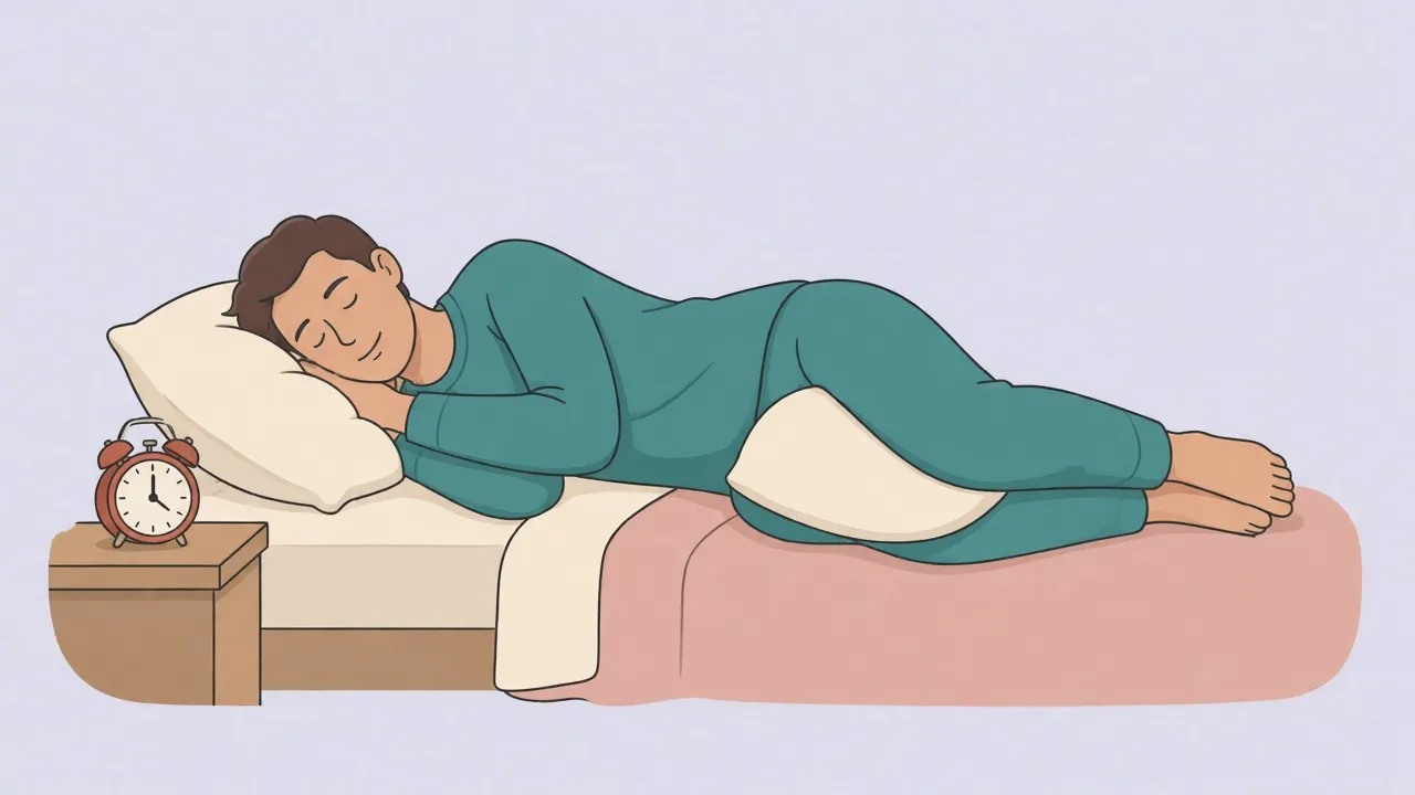 An adult in long pajamas sleeps on their side in bed, knees bent and stacked, with a pillow held between the knees.