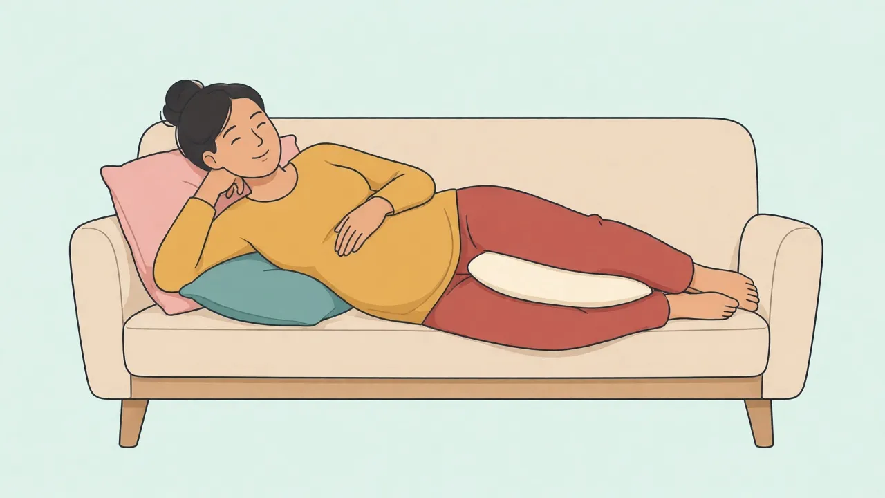 A pregnant woman in long pajamas rests on her left side on a sofa, with a pillow between her knees and another pillow under her belly.