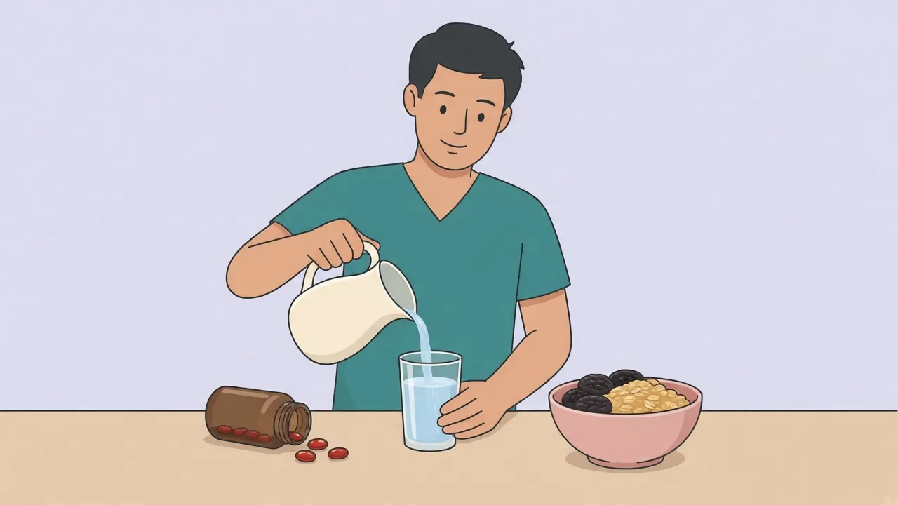A person pours a glass of water beside a blank softgel bottle and a bowl of prunes and oats on a kitchen counter