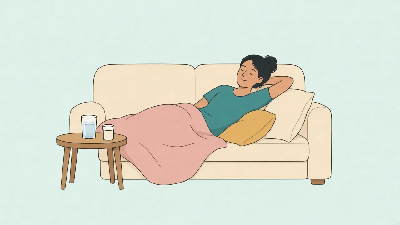 A person rests on a sofa under a blanket, fully clothed, with a glass of water and a small blank pill bottle on the side table