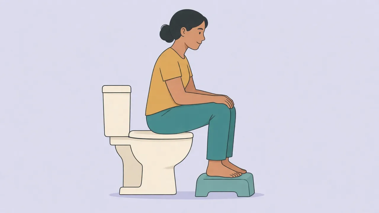 A clothed adult sitting on a closed toilet lid with both feet on a small curved stool, knees higher than the hips
