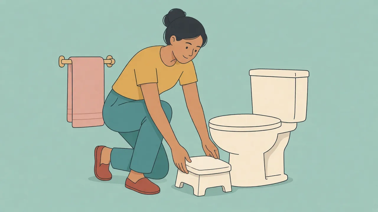 A person in a bathroom placing a white footstool against the base of the toilet, fully clothed, with a towel on a nearby rack