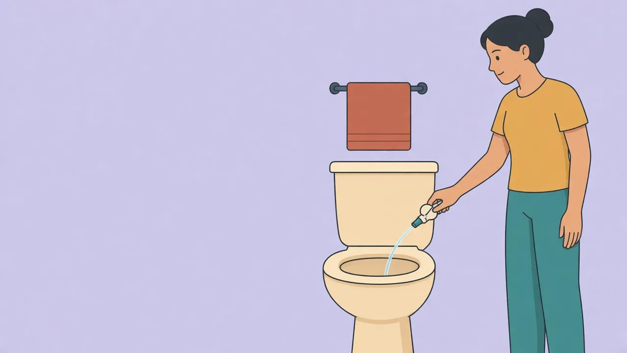 An adult standing beside a toilet, fully clothed, holding a small sprayer that sends a gentle arc of water into the bowl, with a towel on a rail