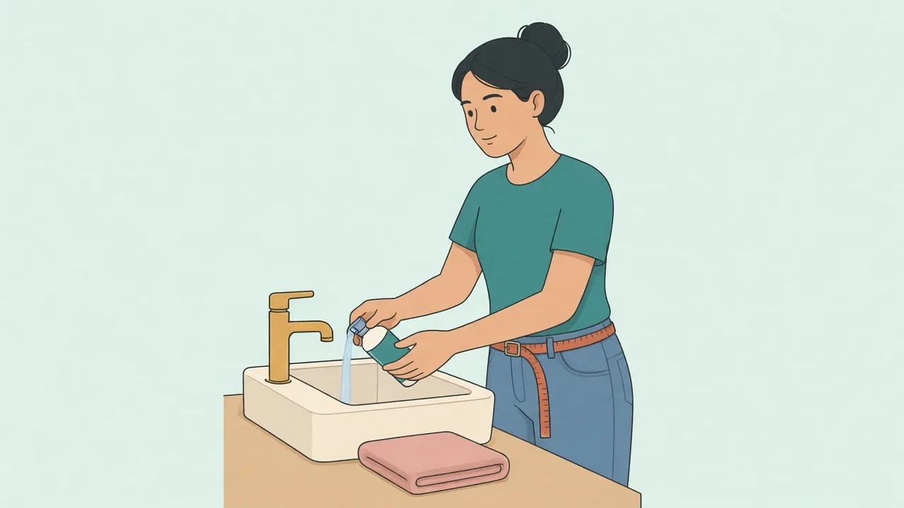 An adult at a bathroom sink, fully clothed, filling a small bottle with water, a folded towel on the counter