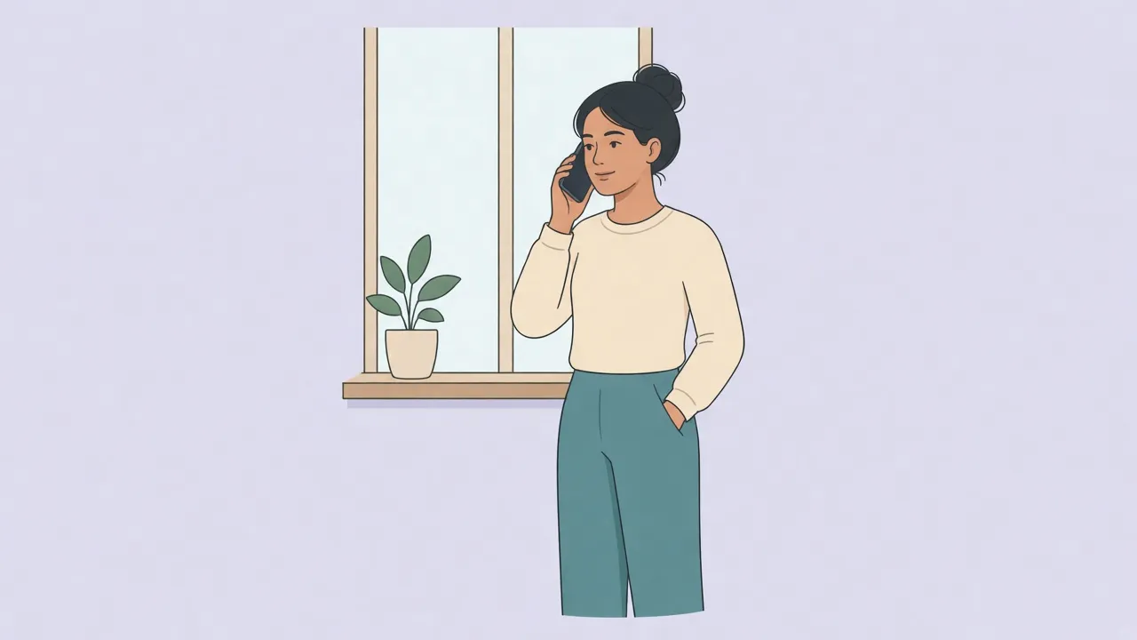 An adult in a cream sweater stands beside a kitchen window, fully clothed, holding a phone and looking calm