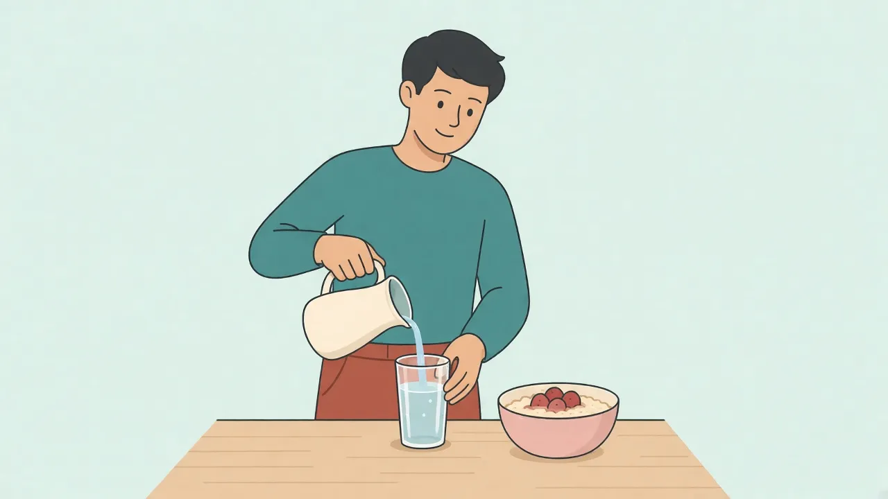 One adult in a teal sweater stands at a wood counter pouring water into a glass, next to a bowl of oats and berries
