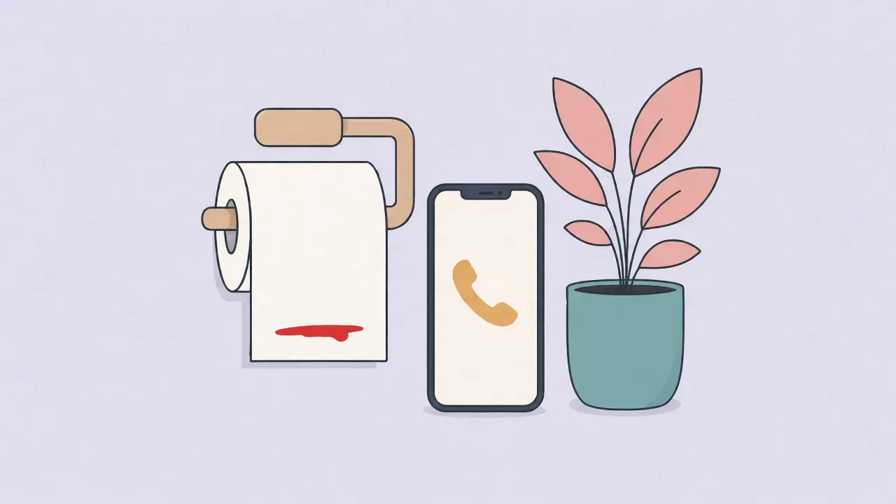 A close-up still life: a white toilet paper roll on a holder, one folded sheet with a small bright red streak, beside it a smartphone with a simple phone-call icon on the screen and a small potted plant