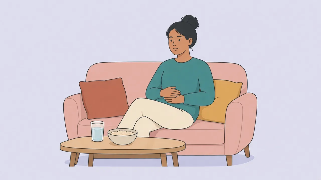A woman in a sweater sits on a sofa with a glass of water and a bowl of oatmeal on the table in front of her
