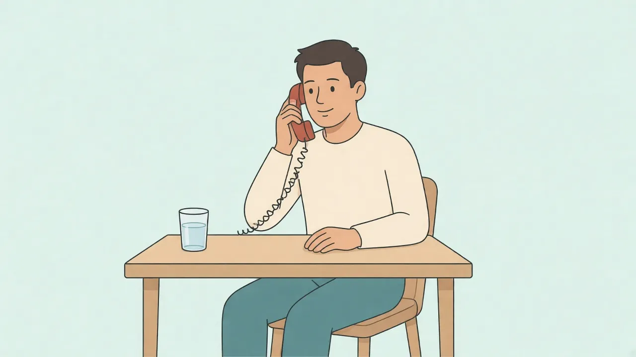 A man in a shirt and trousers sits at a kitchen table on a phone call, with a glass of water beside him