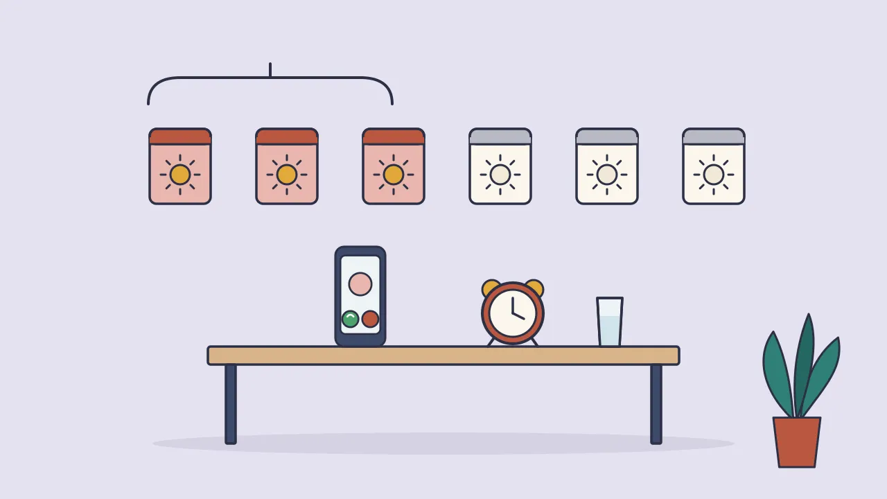 Six day tiles on a wall with the first three highlighted, above a table with a phone showing a call screen, an alarm clock and a glass of water
