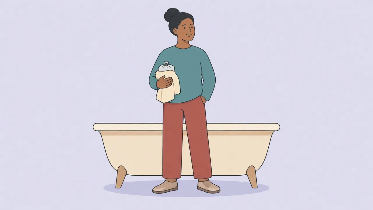 A fully clothed adult stands in a bathroom holding a towel-wrapped ice pack beside a bathtub